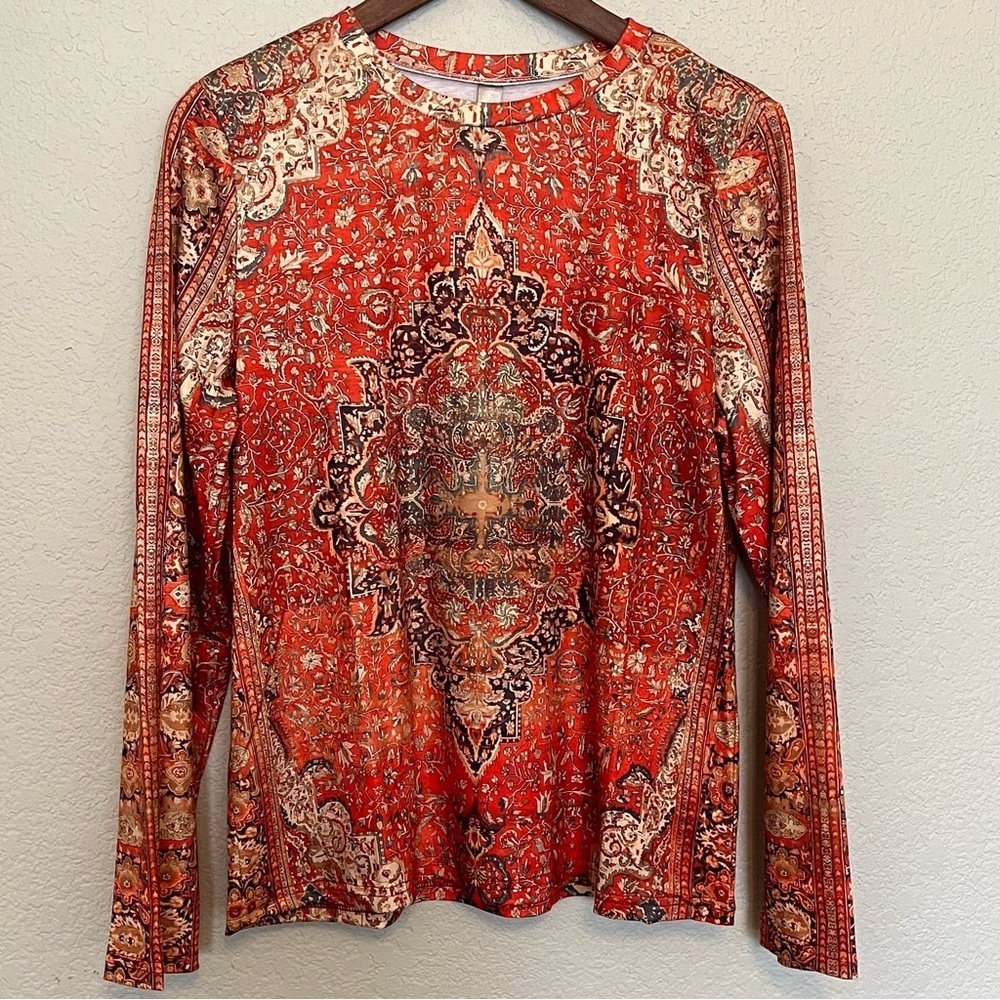 Noracora Colorful Patterned Boho Graphic Long Sleeve Top Women's Medium NWT - Picture 3 of 10